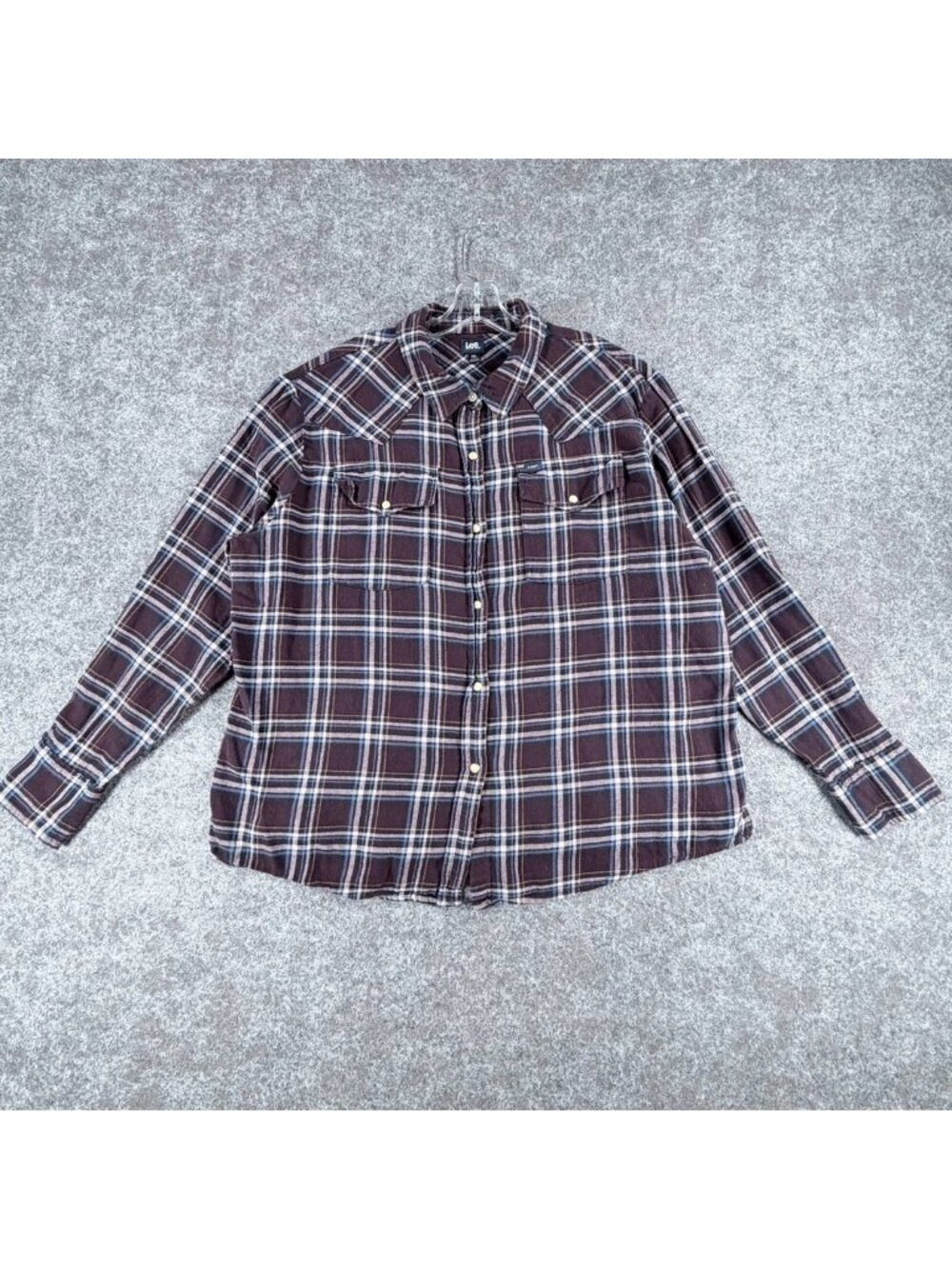 Vintage 90s Lee Flannel Western Shirt Womens 2XL Burgundy‎ Blue Plaid Pearl Snap